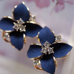 Matte Navy Blue Flower Clip Earrings